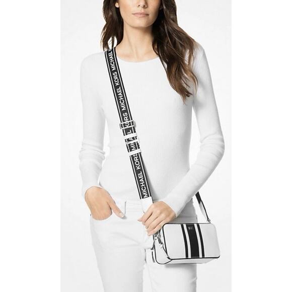 MICHAEL KORS Small Logo Tape Camera Crossbody Bag Ivory Pebbled Leather NEW - Picture 1 of 12